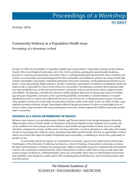 Cover: Community Violence as a Population Health Issue: Proceedings of a Workshop—in Brief