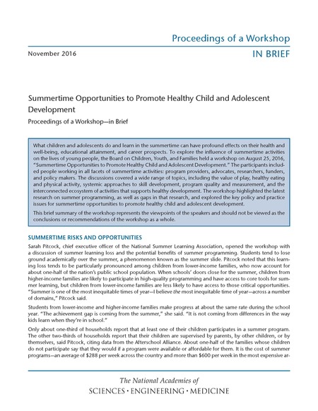 Cover: Summertime Opportunities to Promote Healthy Child and Adolescent Development: Proceedings of a Workshop—in Brief