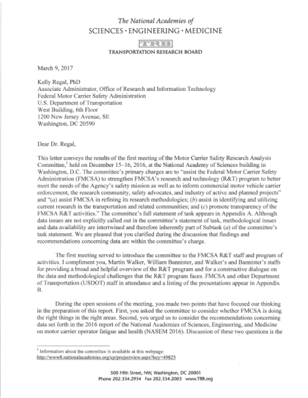 Motor Carrier Safety Research Analysis Committee Letter Report: March 13, 2017