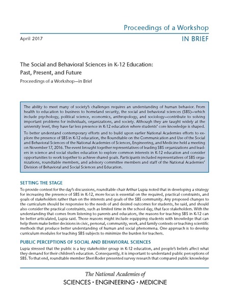 Cover: The Social and Behavioral Sciences in K-12 Education: Past, Present, and Future: Proceedings of a Workshop–in Brief