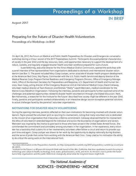 Cover: Preparing for the Future of Disaster Health Volunteerism: Proceedings of a Workshop—in Brief