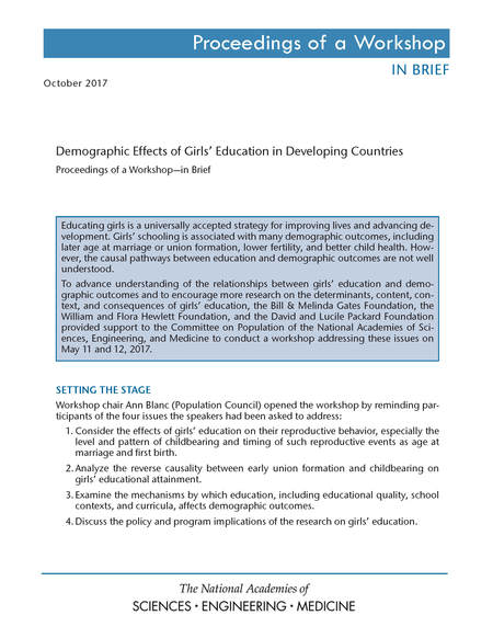 Cover: Demographic Effects of Girls' Education in Developing Countries: Proceedings of a Workshop–in Brief