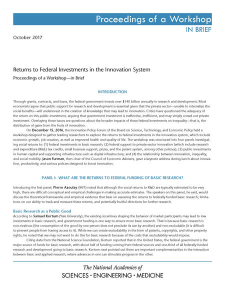 Returns to Federal Investments in the Innovation System: Proceedings of a Workshop–in Brief