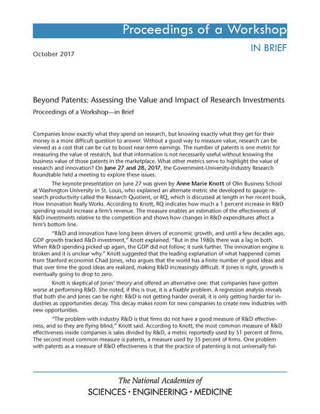 Beyond Patents: Assessing the Value and Impact of Research Investments: Proceedings of a Workshop–in Brief