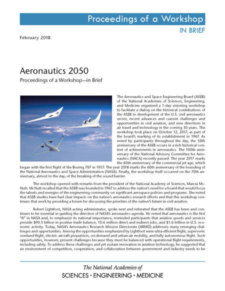 Cover: Aeronautics 2050: Proceedings of a Workshop–in Brief