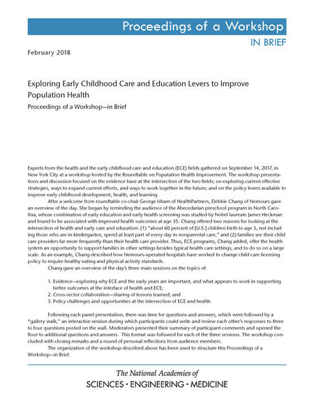 Cover: Exploring Early Childhood Care and Education Levers to Improve Population Health: Proceedings of a Workshop—in Brief