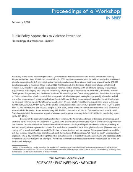 Public Policy Approaches to Violence Prevention: Proceedings of a Workshop—in Brief