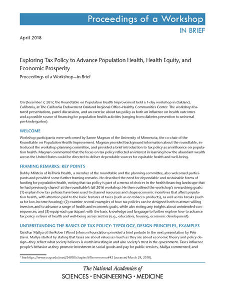 Exploring Tax Policy to Advance Population Health, Health Equity, and Economic Prosperity: Proceedings of a Workshop—in Brief