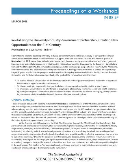 Revitalizing the University-Industry-Government Partnership: Creating New Opportunities for the 21st Century: Proceedings of a Workshop–in Brief