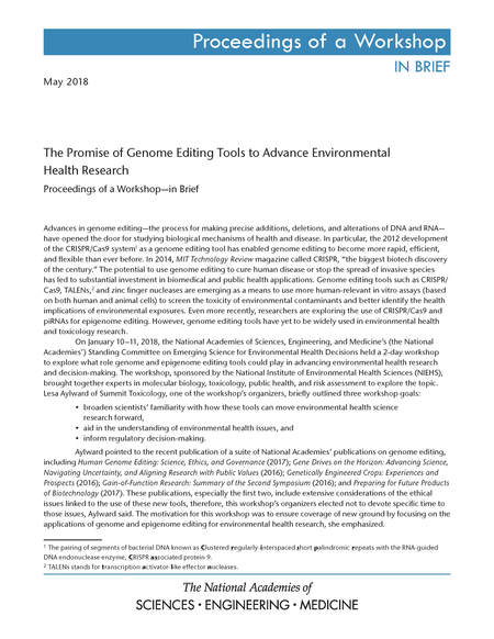 Cover: The Promise of Genome Editing Tools to Advance Environmental Health Research: Proceedings of a Workshop—in Brief