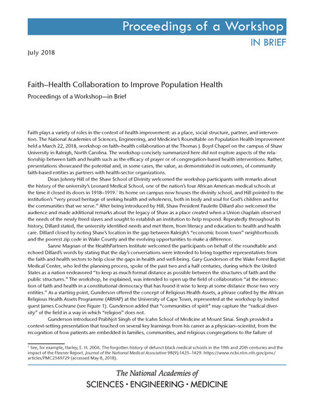 Faith–Health Collaboration to Improve Population Health: Proceedings of a Workshop—in Brief