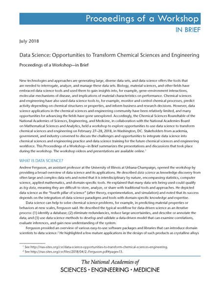 Data Science: Opportunities to Transform Chemical Sciences and Engineering: Proceedings of a Workshop—in Brief