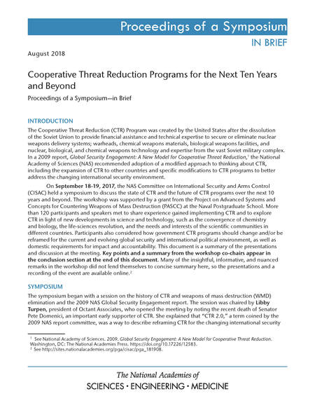 Cover: Cooperative Threat Reduction Programs for the Next Ten Years and Beyond: Proceedings of a Symposium–in Brief