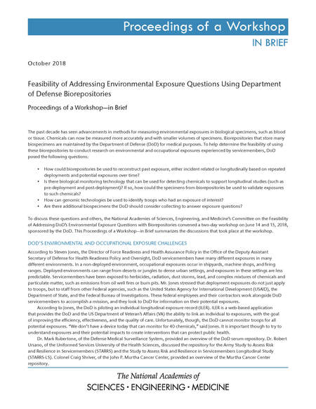Cover: Feasibility of Addressing Environmental Exposure Questions Using Department of Defense Biorepositories: Proceedings of a Workshop–in Brief