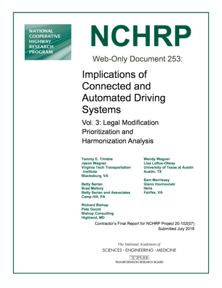 Cover: Implications of Connected and Automated Driving Systems, Vol. 3: Legal Modification Prioritization and Harmonization Analysis