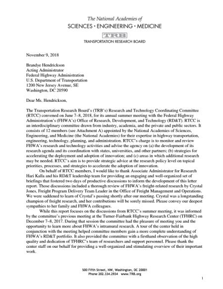 Cover: Research and Technology Coordinating Committee Letter Report: November 9, 2018