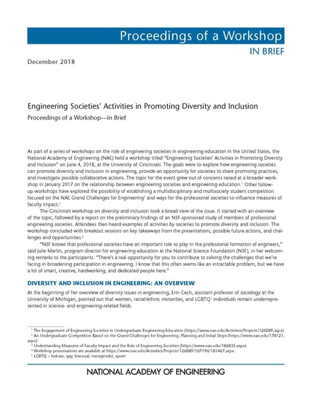 Engineering Societies' Activities in Promoting Diversity and Inclusion: Proceedings of a Workshop–in Brief