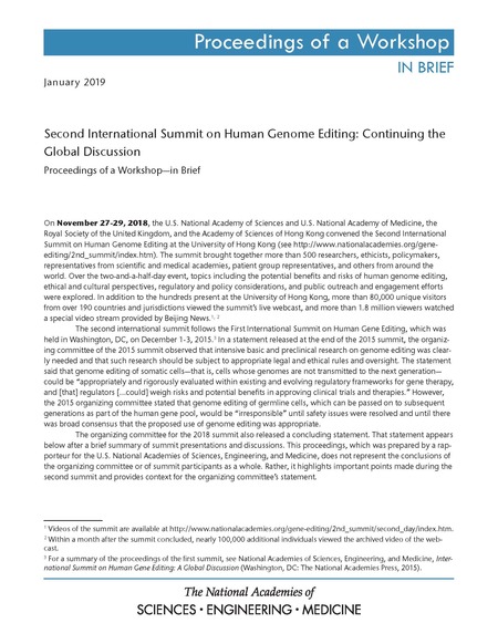 Cover:Second International Summit on Human Genome Editing: Continuing the Global Discussion: Proceedings of a Workshop–in Brief