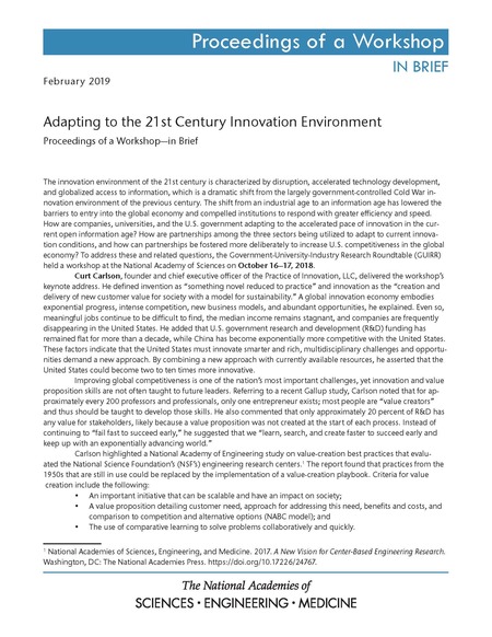 Cover: Adapting to the 21st Century Innovation Environment: Proceedings of a Workshop–in Brief