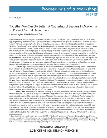 Together We Can Do Better: A Gathering of Leaders in Academia to Prevent Sexual Harassment: Proceedings of a Workshop–in Brief