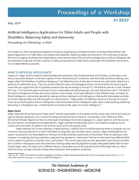 Cover: Artificial Intelligence Applications for Older Adults and People with Disabilities: Balancing Safety and Autonomy: Proceedings of a Workshop—in Brief