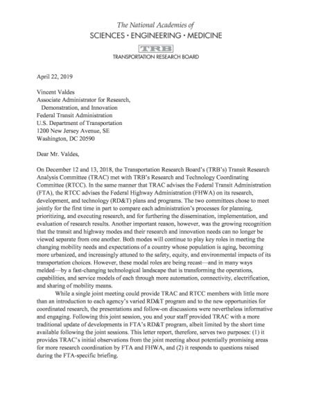 Cover: Transit Research Analysis Committee Letter Report: April 22, 2019