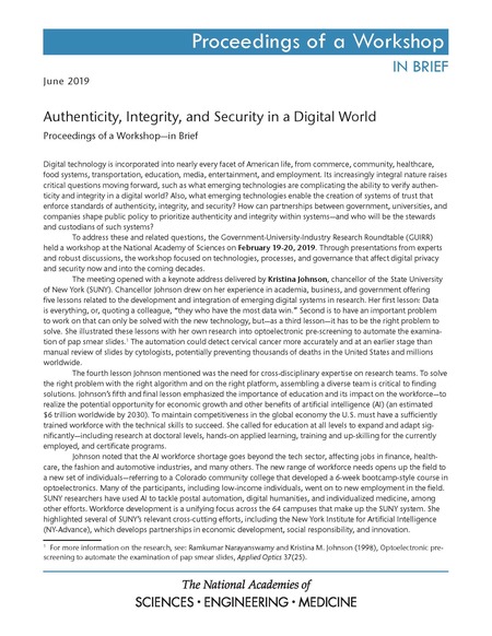 Cover: Authenticity, Integrity, and Security in a Digital World: Proceedings of a Workshop–in Brief