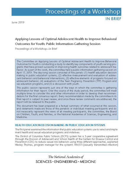 Cover: Applying Lessons of Optimal Adolescent Health to Improve Behavioral Outcomes for Youth: Public Information-Gathering Session: Proceedings of a Workshop-in Brief