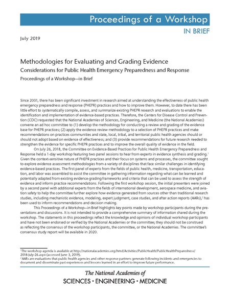 Cover: Methodologies for Evaluating and Grading Evidence: Considerations for Public Health Emergency Preparedness and Response: Proceedings of a Workshop—in Brief