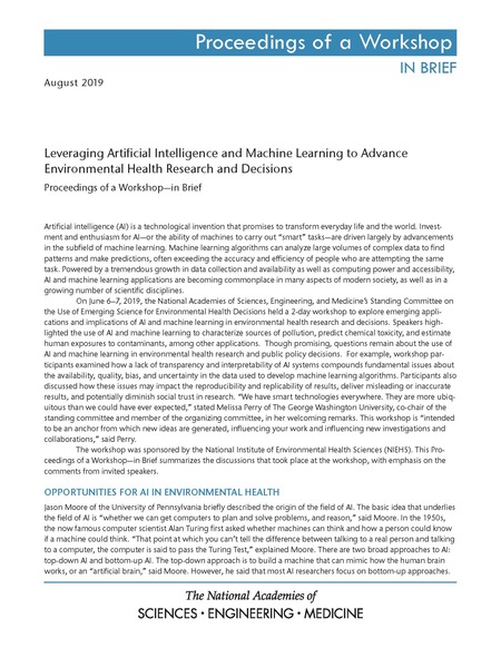 Cover: Leveraging Artificial Intelligence and Machine Learning to Advance Environmental Health Research and Decisions: Proceedings of a Workshop—in Brief