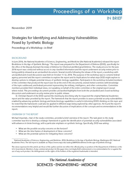 Cover: Strategies for Identifying and Addressing Vulnerabilities Posed by Synthetic Biology: Proceedings of a Workshop–in Brief