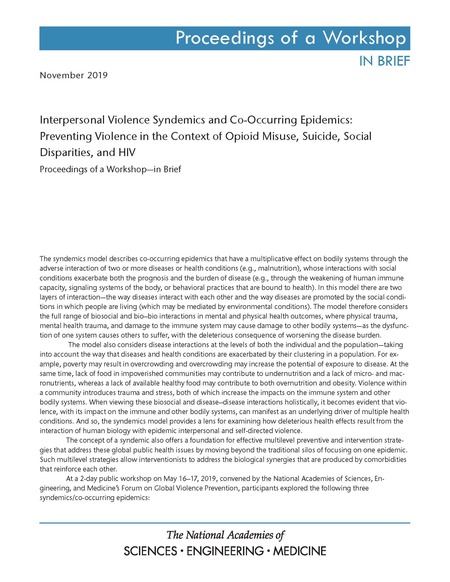 Cover: Interpersonal Violence Syndemics and Co-Occurring Epidemics: Preventing Violence in the Context of Opioid Misuse, Suicide, Social Disparities, and HIV: Proceedings of a Workshop—in Brief