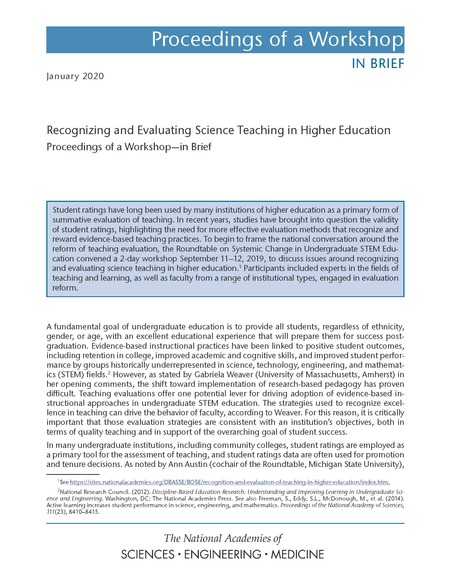 Cover:Recognizing and Evaluating Science Teaching in Higher Education: Proceedings of a Workshop–in Brief