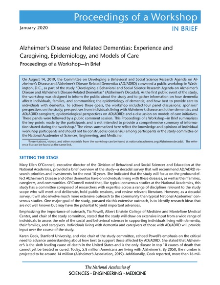 Alzheimer's Disease and Related Dementias: Experience and Caregiving, Epidemiology, and Models of Care: Proceedings of a Workshop–in Brief