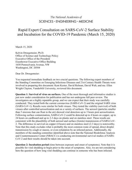 Rapid Expert Consultation on SARS-CoV-2 Surface Stability and Incubation for the COVID-19 Pandemic (March 15, 2020)