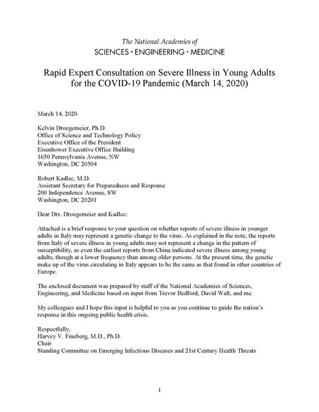 Rapid Expert Consultation on Severe Illness in Young Adults for the COVID-19 Pandemic (March 14, 2020)