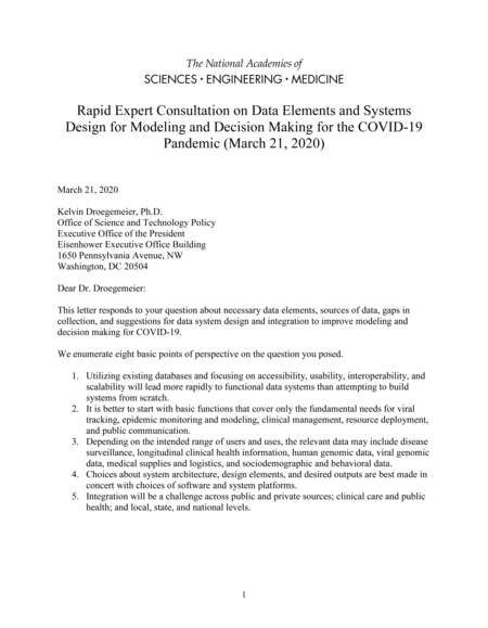 Rapid Expert Consultation on Data Elements and Systems Design for Modeling and Decision Making for the COVID-19 Pandemic (March 21, 2020)