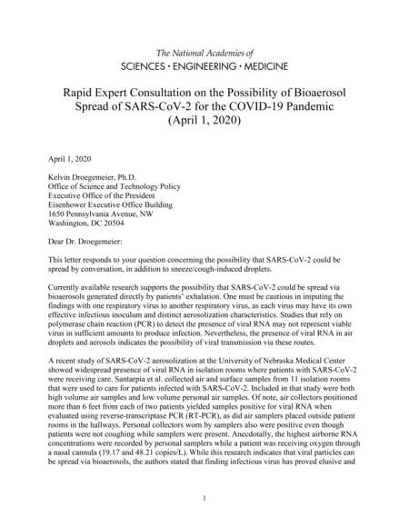 Rapid Expert Consultation on the Possibility of Bioaerosol Spread of SARS-CoV-2 for the COVID-19 Pandemic (April 1, 2020)