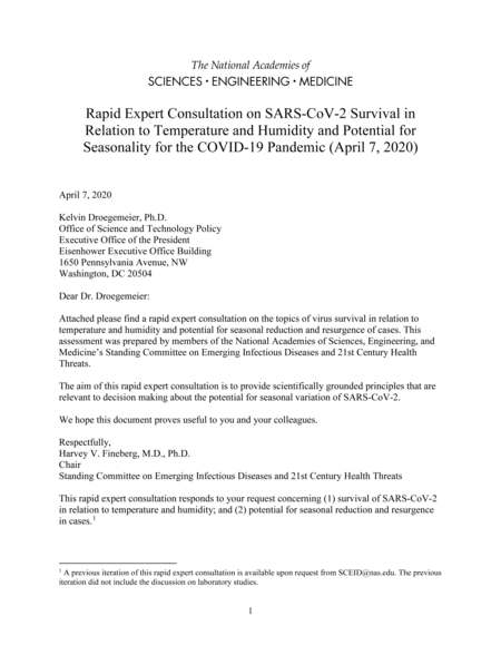 Rapid Expert Consultation on SARS-CoV-2 Survival in Relation to Temperature and Humidity and Potential for Seasonality for the COVID-19 Pandemic (April 7, 2020)
