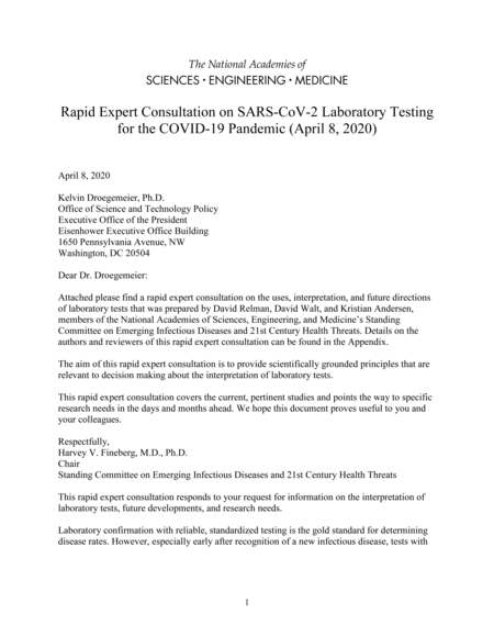 Rapid Expert Consultation on SARS-CoV-2 Laboratory Testing for the COVID-19 Pandemic (April 8, 2020)