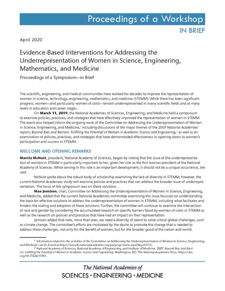 Evidence-Based Interventions for Addressing the Underrepresentation of Women in Science, Engineering, Mathematics, and Medicine: Proceedings of a Symposium–in Brief