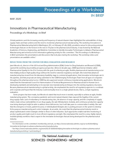 Cover: Innovations in Pharmaceutical Manufacturing: Proceedings of a Workshop—in Brief