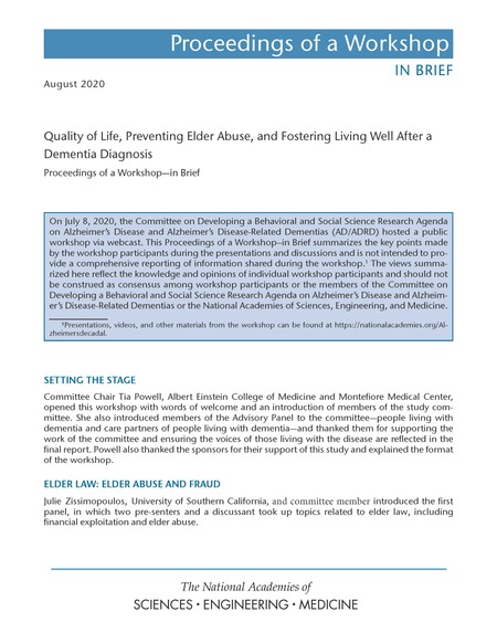 Quality of Life, Preventing Elder Abuse, and Fostering Living Well After a Dementia Diagnosis: Proceedings of a Workshop–in Brief