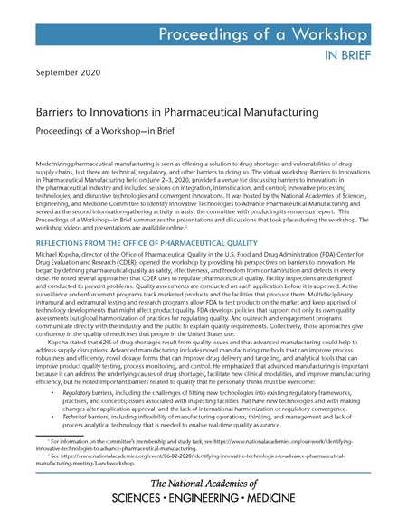 Cover:Barriers to Innovations in Pharmaceutical Manufacturing: Proceedings of a Workshop–in Brief