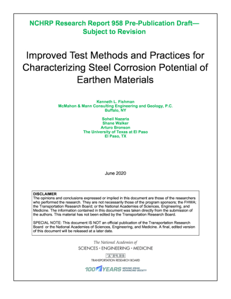 Cover: Improved Test Methods and Practices for Characterizing Steel Corrosion Potential of Earthen Materials
