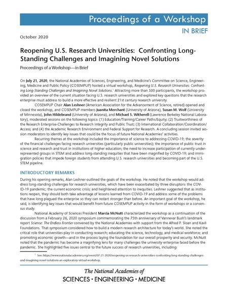 Reopening U.S. Research Universities: Confronting Long-Standing Challenges and Imagining Novel Solutions: Proceedings of a Workshop–in Brief