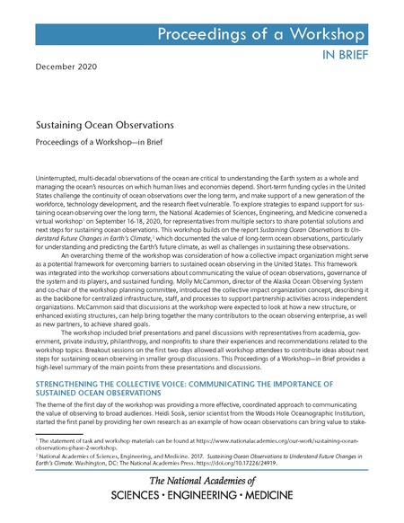 Cover: Sustaining Ocean Observations: Proceedings of a Workshop–in Brief