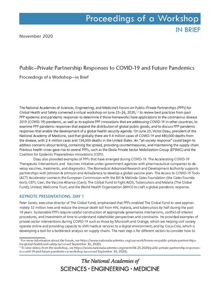 Cover: Public–Private Partnership Responses to COVID-19 and Future Pandemics: Proceedings of a Workshop—in Brief