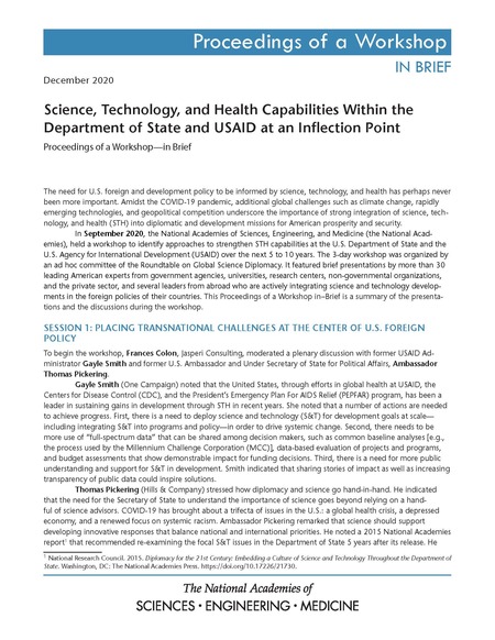 Cover: Science, Technology, and Health Capabilities Within the Department of State and USAID at an Inflection Point: Proceedings of a Workshop-in Brief