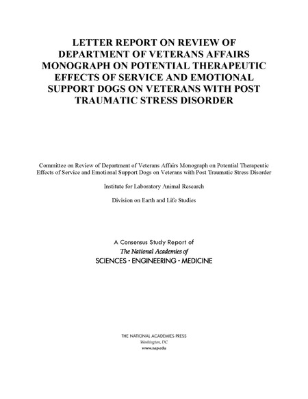 Cover: Letter Report on Review of Department of Veterans Affairs Monograph on Potential Therapeutic Effects of Service and Emotional Support Dogs on Veterans with Post Traumatic Stress Disorder